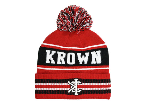 Cuffed Knit Beanie in Red, Black, & White