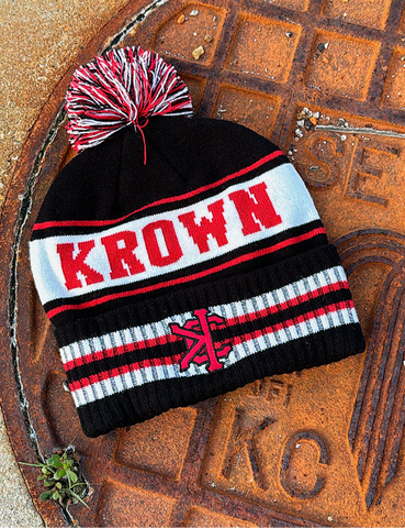 Cuffed Knit Beanie in Black, White, & Red