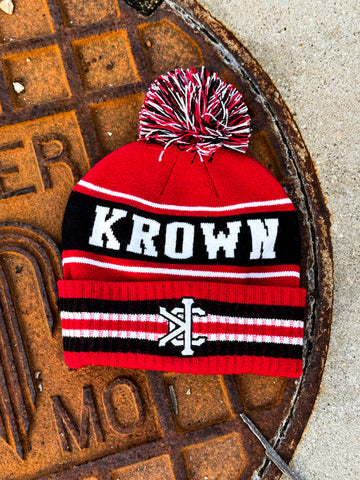 Cuffed Knit Beanie in Red, Black, & White